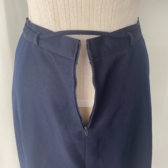 Vintage A Line Midi Skirt Size 14 Navy Blue Belted High Rise Retro Preppy 80s - Picture 10 of 15